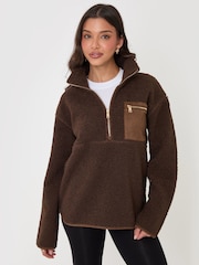 Threadbare Brown Half Zip Borg Fleece - Image 1 of 5