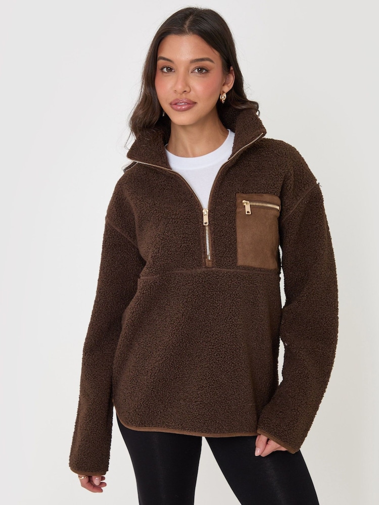 Threadbare Brown Half Zip Borg Fleece - Image 1 of 5 Threadbare Brown Half Zip Borg Fleece - Image 1 of 5