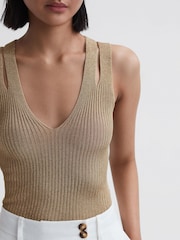 Reiss Gold Zina Ribbed Double Strap Metallic Vest - Image 1 of 5