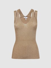 Reiss Gold Zina Ribbed Double Strap Metallic Vest - Image 2 of 5