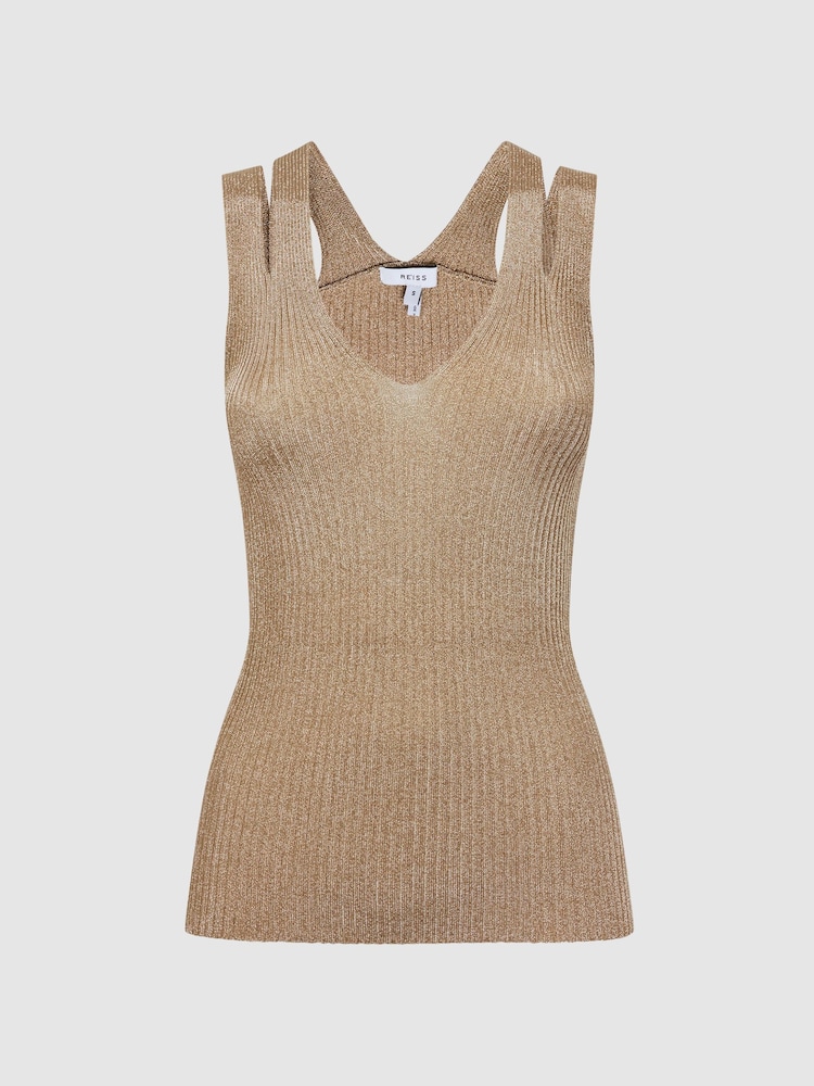 Reiss Gold Zina Ribbed Double Strap Metallic Vest - Image 2 of 5