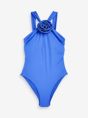Blau - Bauchformender Badeanzug mit Neckholder und Zierblume - Bild 5 von 6