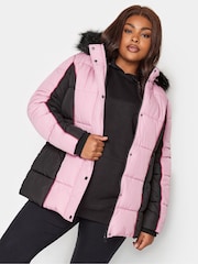 Yours Curve Pink Colourblock Puffa Coat - Image 3 of 5