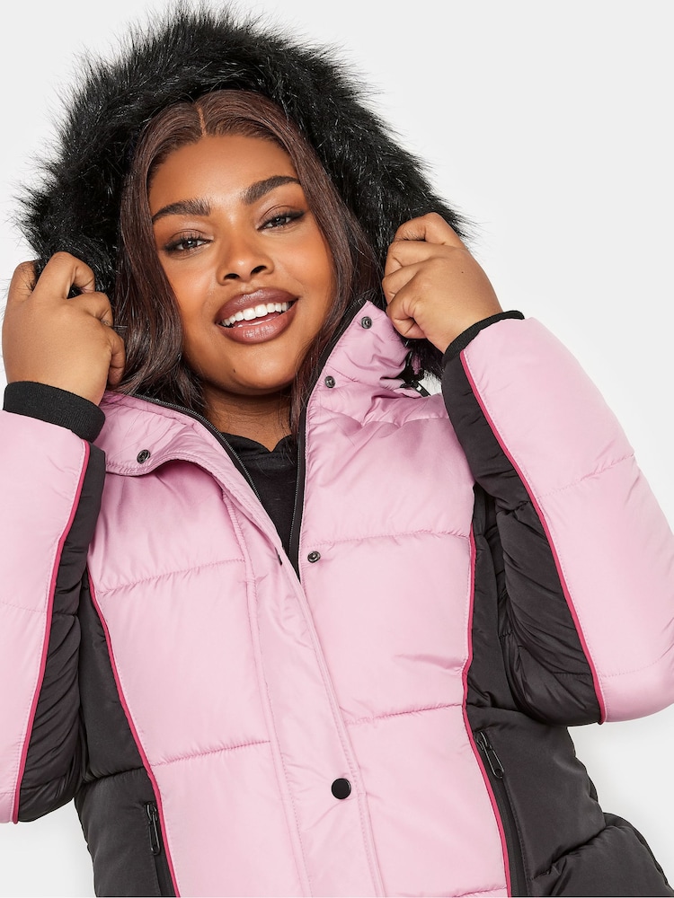 Yours Curve Pink Colourblock Puffa Coat - Image 5 of 5