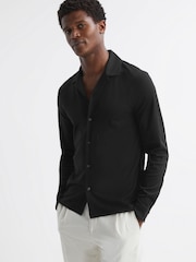 Reiss Black Spence Mercerised Cotton Long Sleeve Shirt - Image 1 of 5
