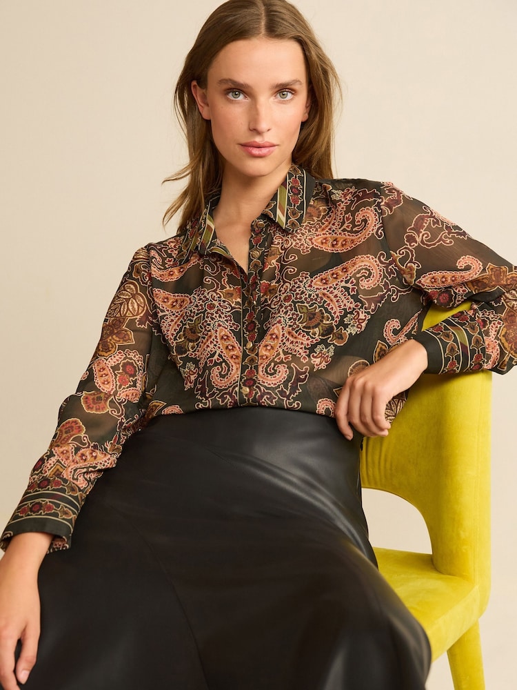 Dark Brown Paisley Print Gold Button Detail Sheer Long Sleeve Shirt - Image 1 of 7