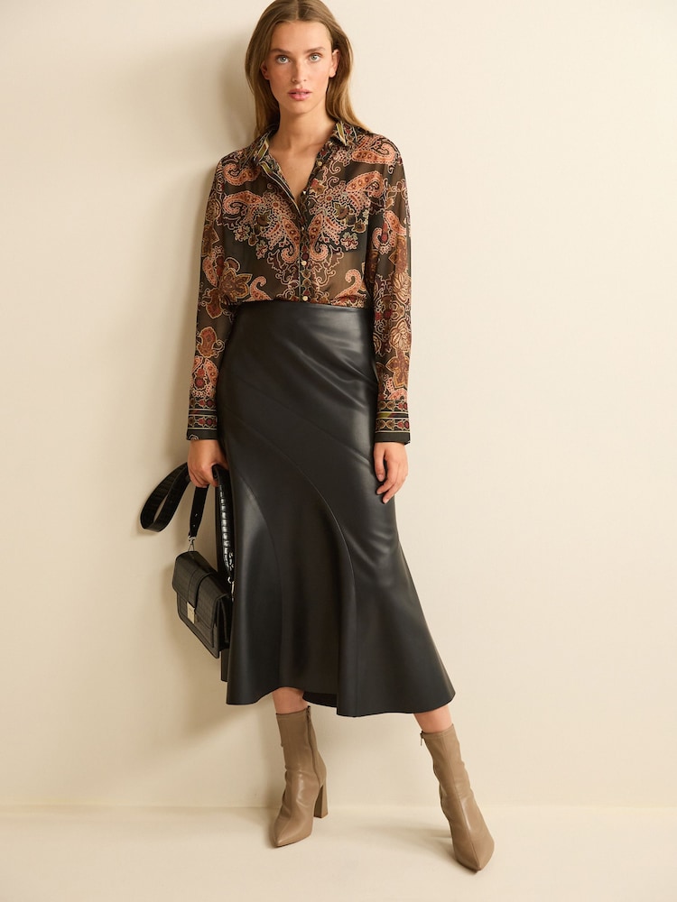 Dark Brown Paisley Print Gold Button Detail Sheer Long Sleeve Shirt - Image 2 of 7