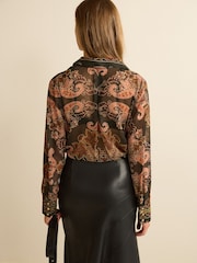 Dark Brown Paisley Print Gold Button Detail Sheer Long Sleeve Shirt - Image 4 of 7