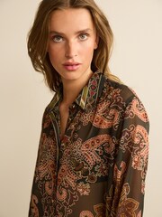 Dark Brown Paisley Print Gold Button Detail Sheer Long Sleeve Shirt - Image 5 of 7