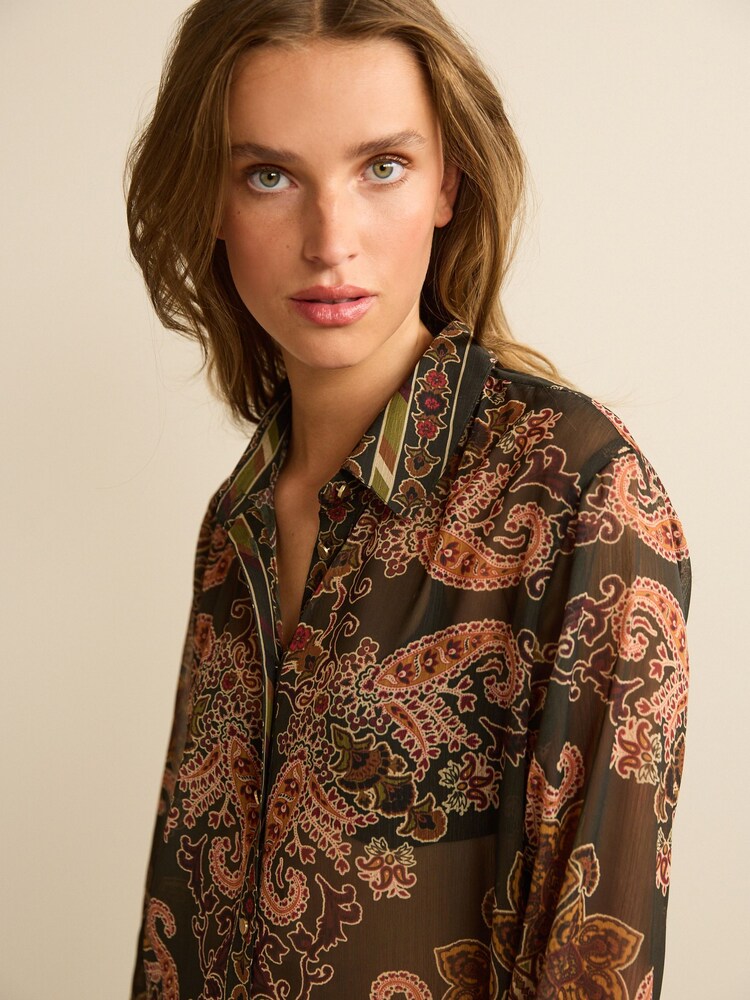 Dark Brown Paisley Print Gold Button Detail Sheer Long Sleeve Shirt - Image 5 of 7
