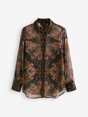 Dark Brown Paisley Print Gold Button Detail Sheer Long Sleeve Shirt - Image 6 of 7