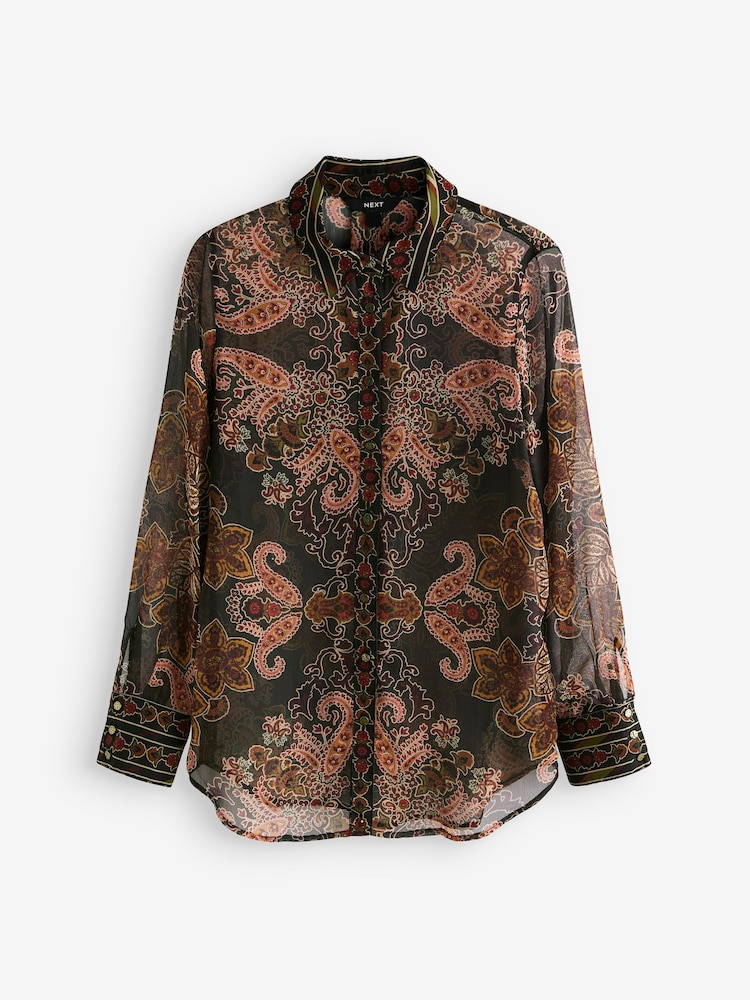 Dark Brown Paisley Print Gold Button Detail Sheer Long Sleeve Shirt - Image 6 of 7