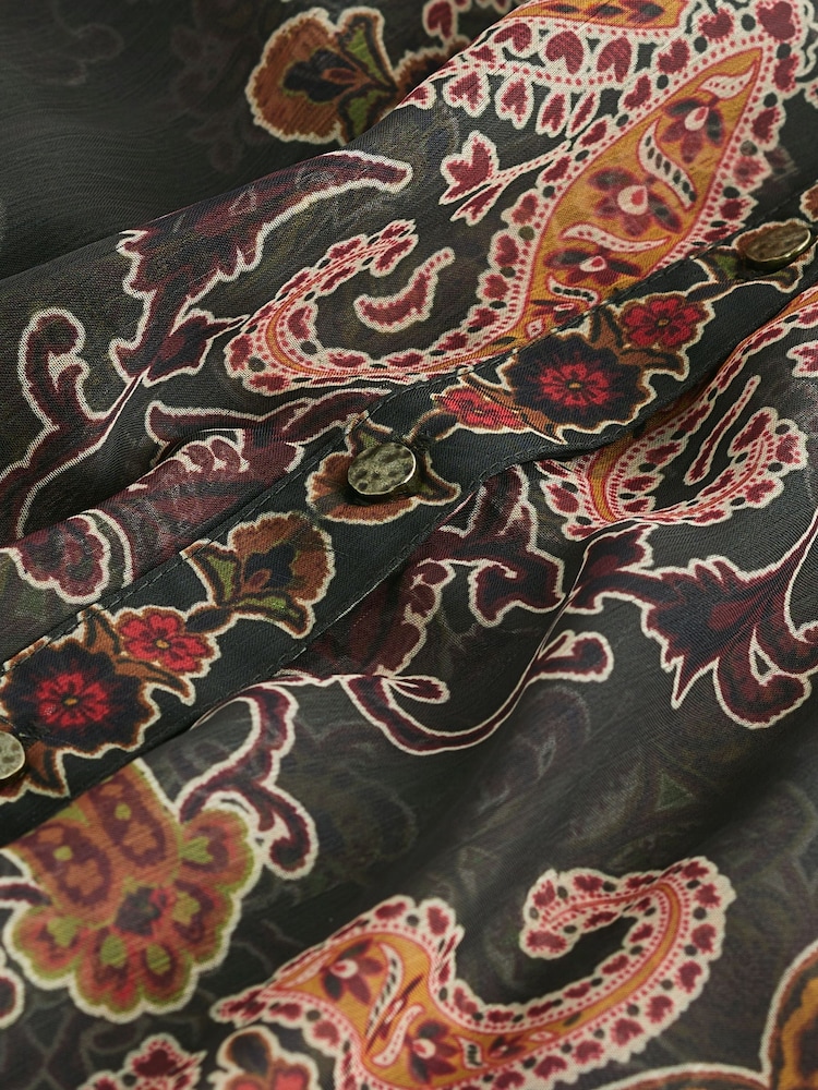 Dark Brown Paisley Print Gold Button Detail Sheer Long Sleeve Shirt - Image 7 of 7