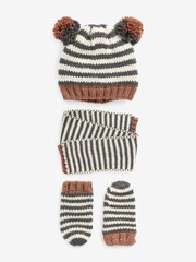 Neutral Stripe Pom Hat, Mitts And Scarf 3 Piece Set (3mths-6yrs) - Image 1 of 2