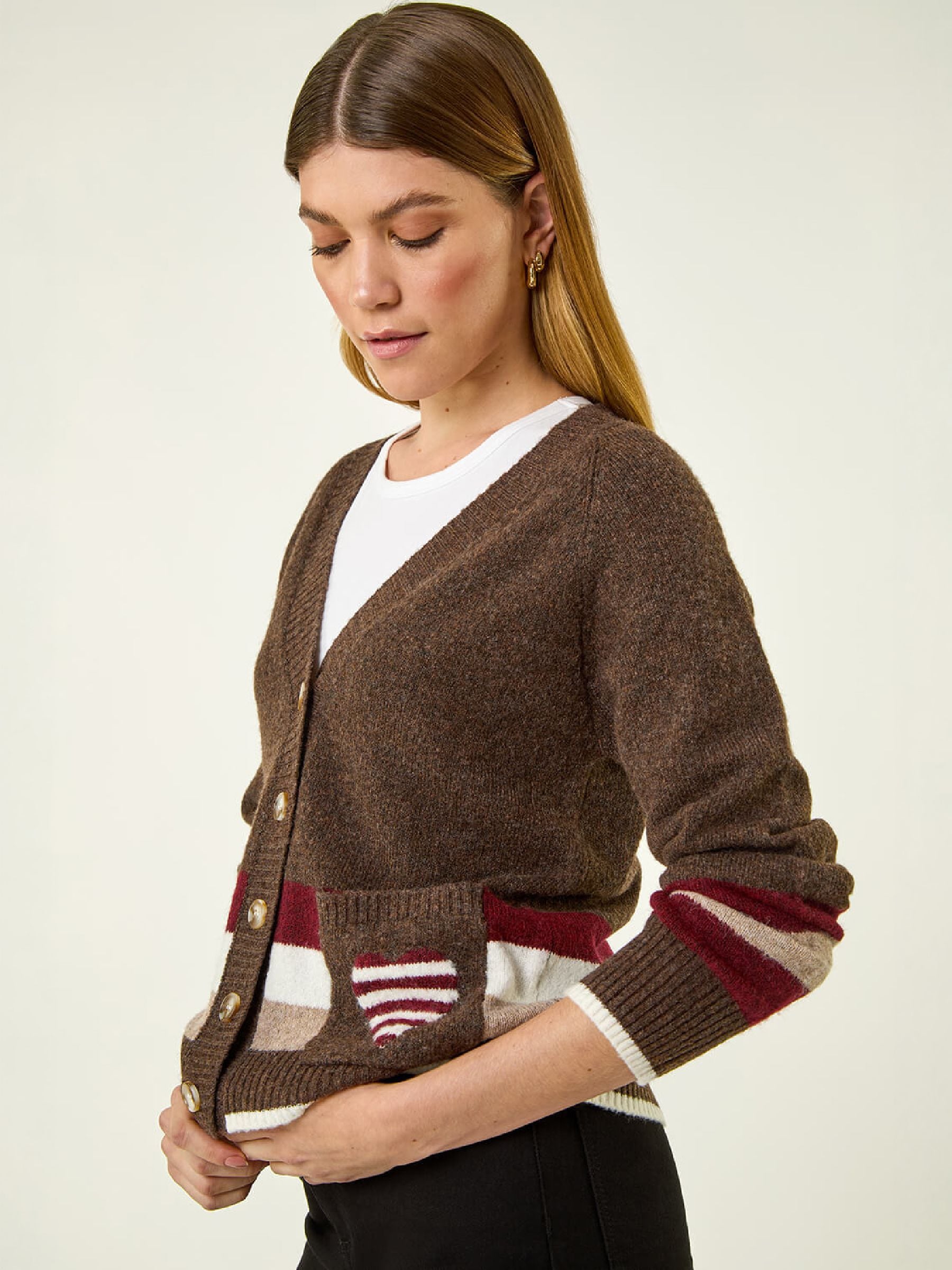 Roman Women's Chocolate Striped Heart Knit Cardigan In | Size: 18 - Image 3