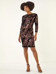 Roman Brown Sequin Velvet Shift Stretch Dress - Image 2 of 4