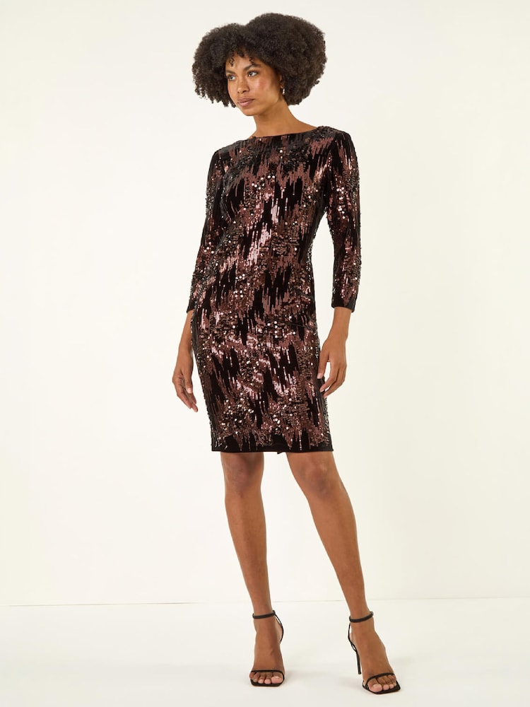Roman Brown Sequin Velvet Shift Stretch Dress - Image 2 of 4 Roman Brown Sequin Velvet Shift Stretch Dress - Image 2 of 4