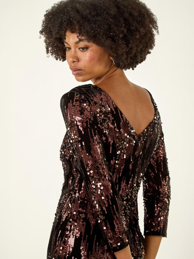 Roman Brown Sequin Velvet Shift Stretch Dress - Image 4 of 4 Roman Brown Sequin Velvet Shift Stretch Dress - Image 4 of 4
