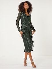 Roman Green Sequin Cowl Neck Stretch Dress - Image 2 of 4