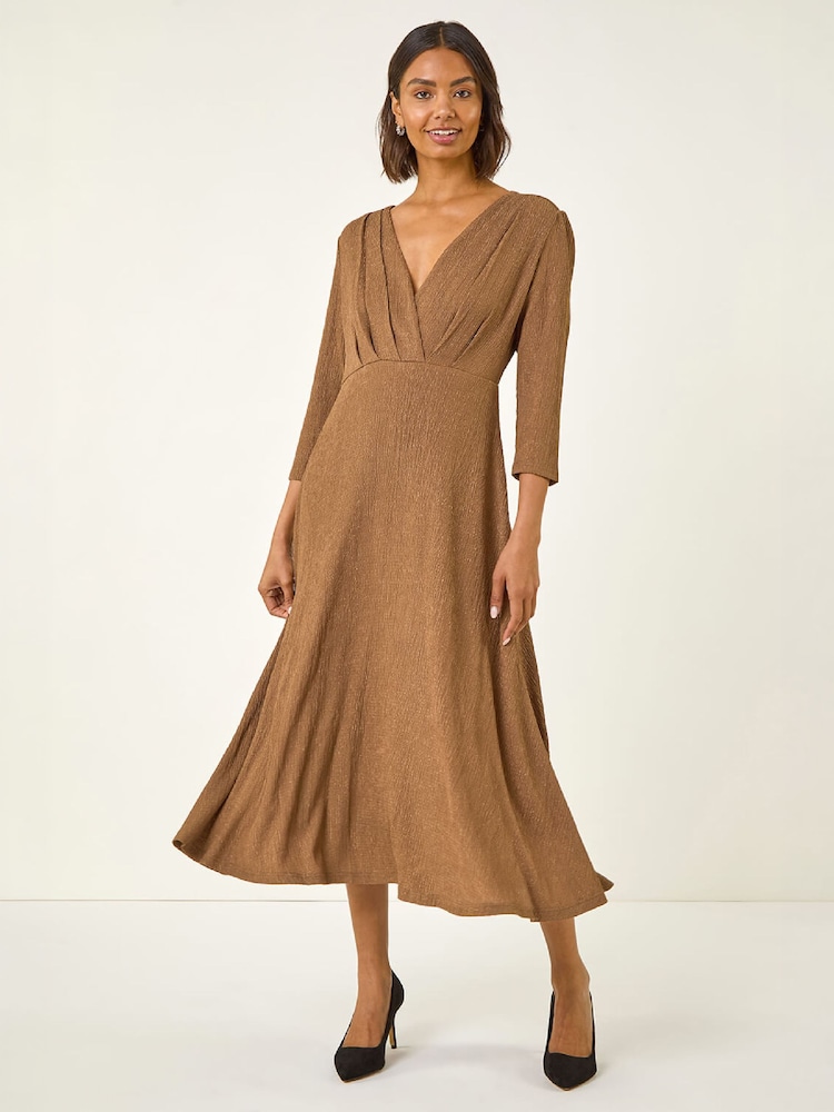 Roman Natural Textured Wrap Midi Dress - Image 1 of 4 Roman Natural Textured Wrap Midi Dress - Image 1 of 4