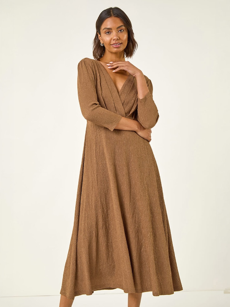 Roman Natural Textured Wrap Midi Dress - Image 2 of 4 Roman Natural Textured Wrap Midi Dress - Image 2 of 4