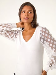 Roman White Polka Dot V-Neck Sleeve Knit Jumper - Image 4 of 4