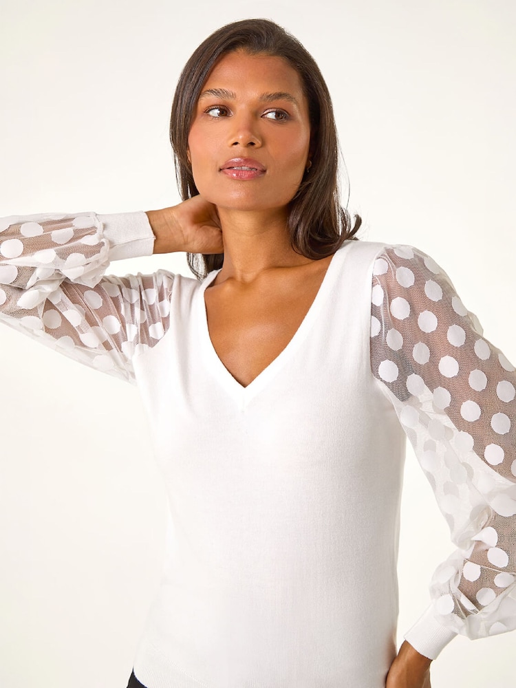 Roman White Polka Dot V-Neck Sleeve Knit Jumper - Image 4 of 4 Roman White Polka Dot V-Neck Sleeve Knit Jumper - Image 4 of 4
