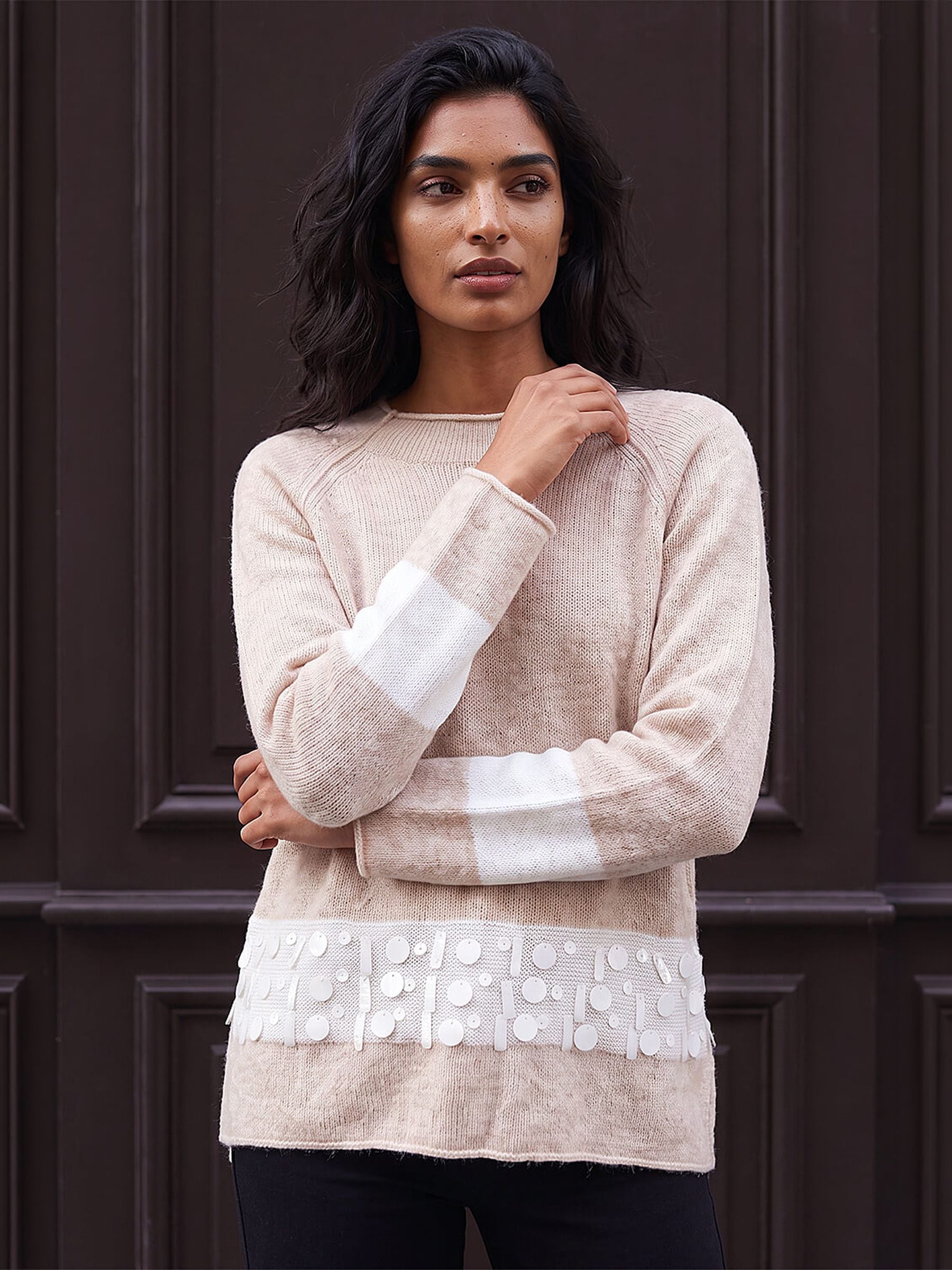 Roman Women's Stone Sequin Colour Block Knit Jumper Extra Large - Image 2