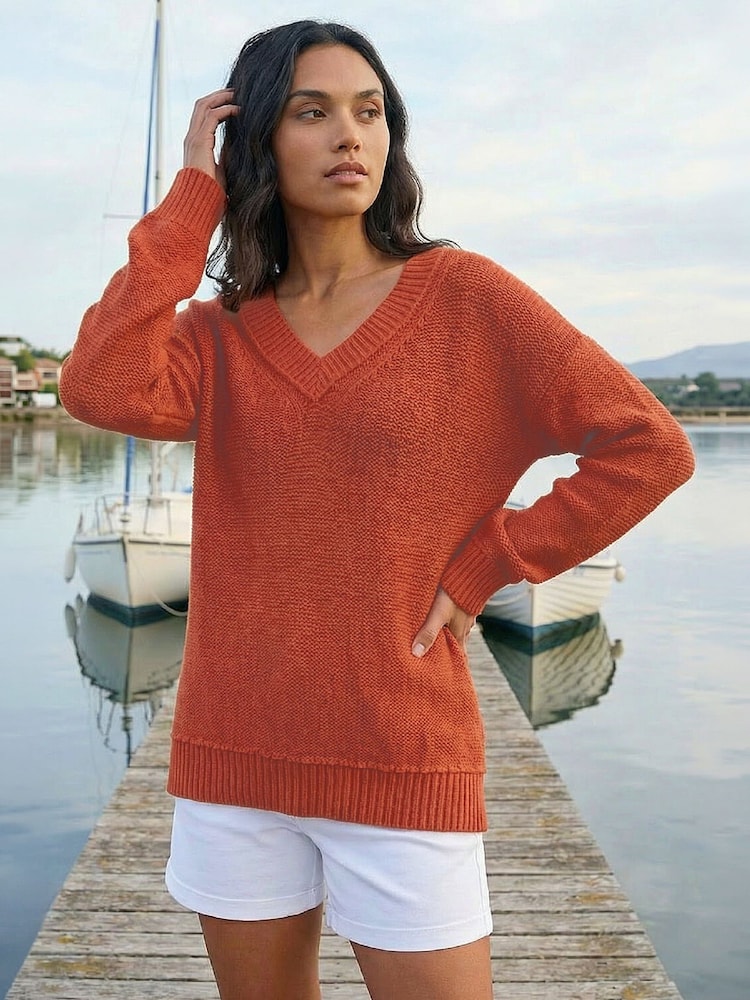 Roman Orange Ribbed V-Neck Boyfriend Jumper - Image 2 of 4