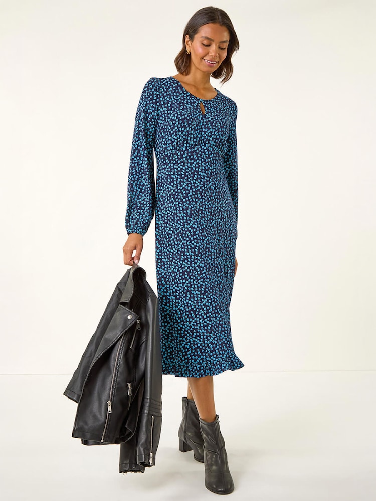 Roman Blue Spot Print Keyhole Midi Dress - Image 2 of 4 Roman Blue Spot Print Keyhole Midi Dress - Image 2 of 4