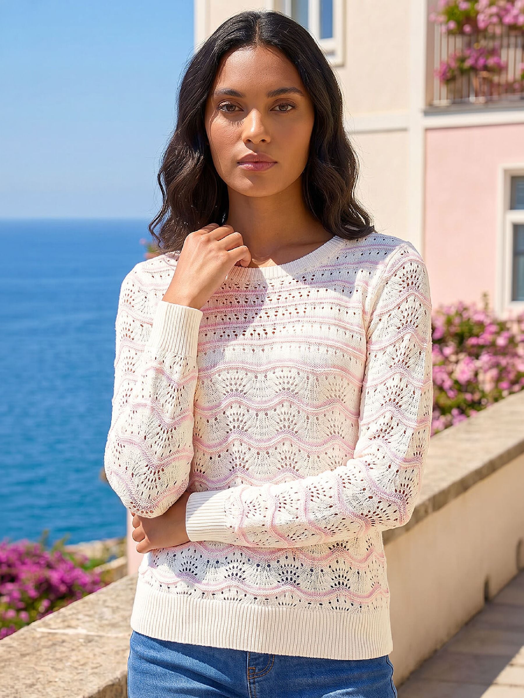 Roman Women's Light Pink Stripe Wave Knit Jumper Size 20 - Image 2