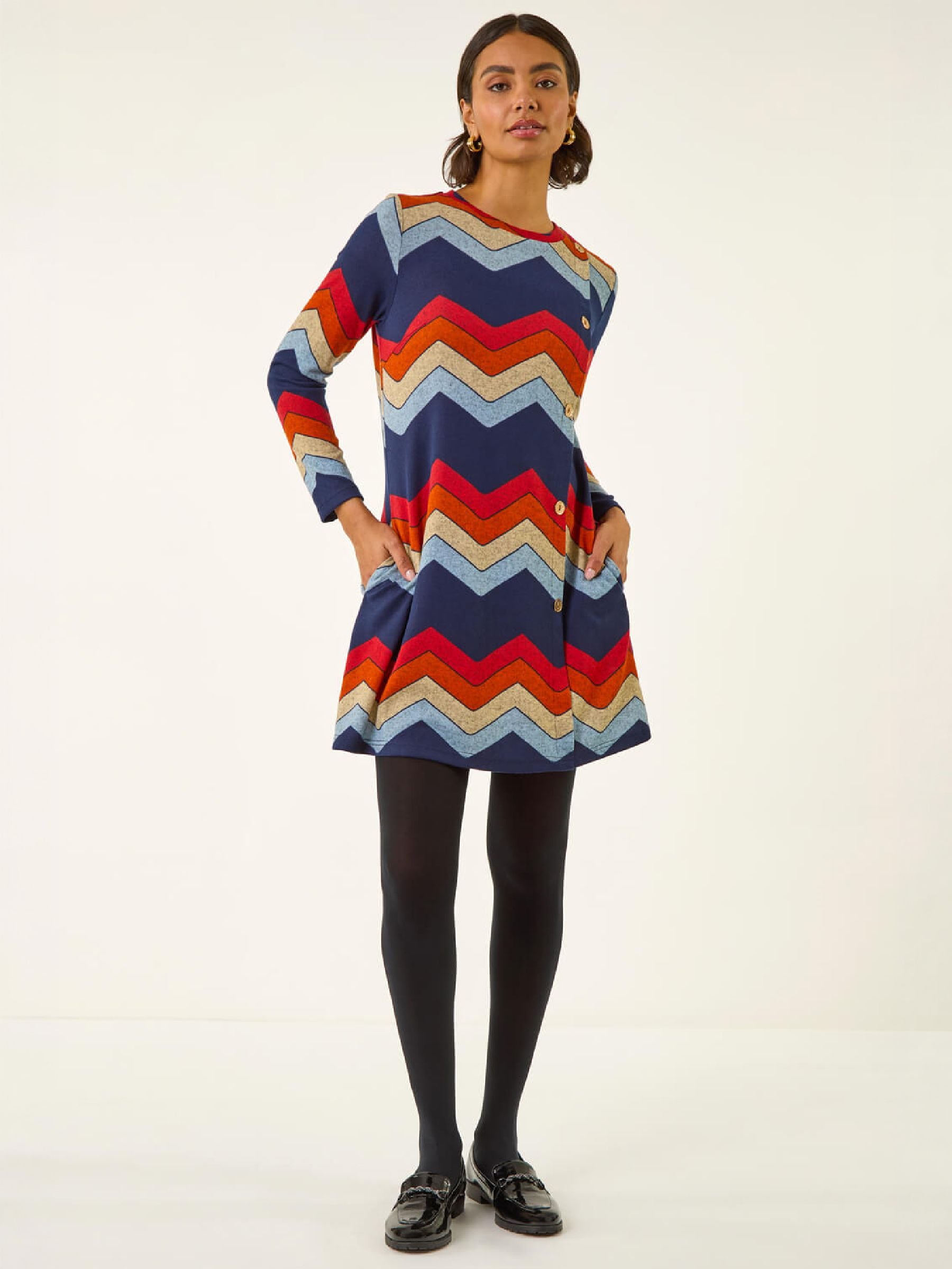 Roman Women's Orange Zig Zag Side Button Dress - Image 1