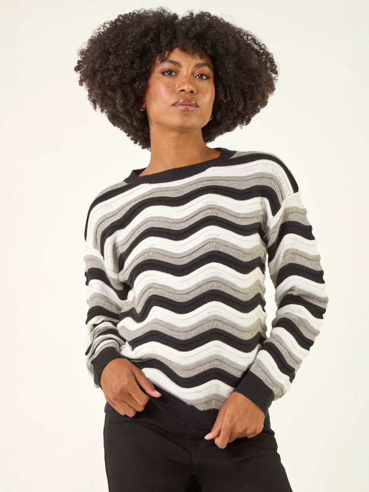 Roman Black Wave Stripe Knitted Jumper - Image 4 of 4 Roman Black Wave Stripe Knitted Jumper - Image 4 of 4