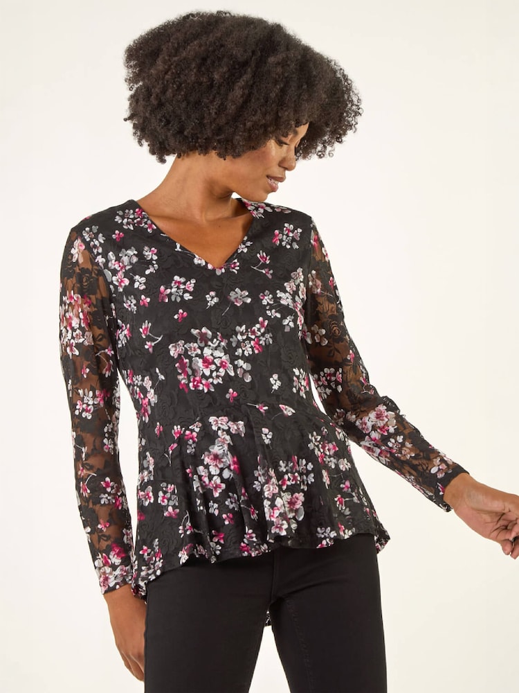 Roman Black Printed Mesh V-Neck Top - Image 1 of 4