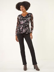 Roman Black Printed Mesh V-Neck Top - Image 2 of 4