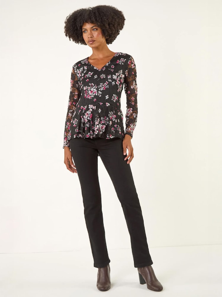 Roman Black Printed Mesh V-Neck Top - Image 2 of 4