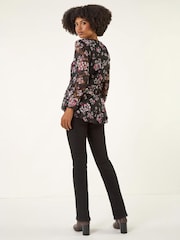 Roman Black Printed Mesh V-Neck Top - Image 3 of 4