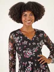 Roman Black Printed Mesh V-Neck Top - Image 4 of 4