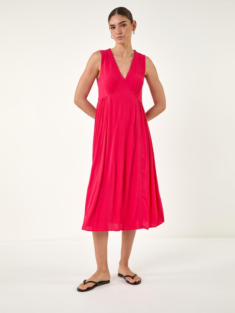 Roman Pink Lace Trim V-Neck Midi Dress - Image 1 of 4 Roman Pink Lace Trim V-Neck Midi Dress - Image 1 of 4