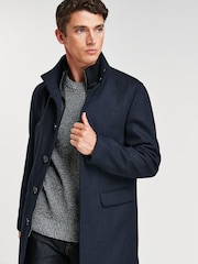 Navy Blue Wool Blend Mock Gilet Herringbone Padded Coat - Image 1 of 5
