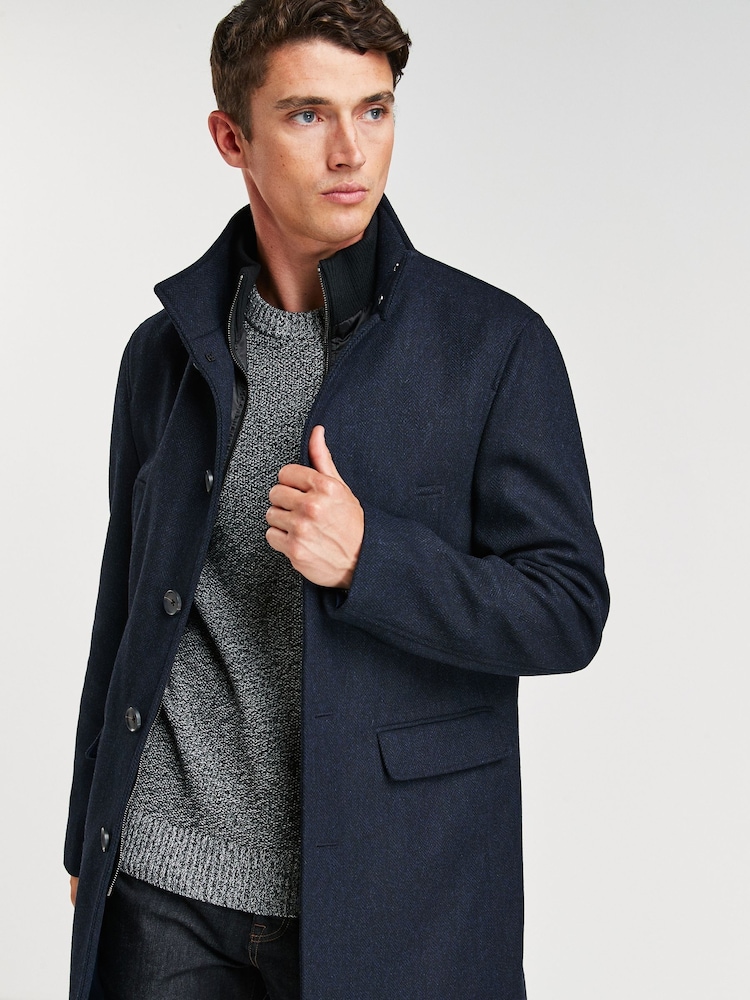 Navy Blue Wool Blend Mock Gilet Herringbone Padded Coat - Image 1 of 5