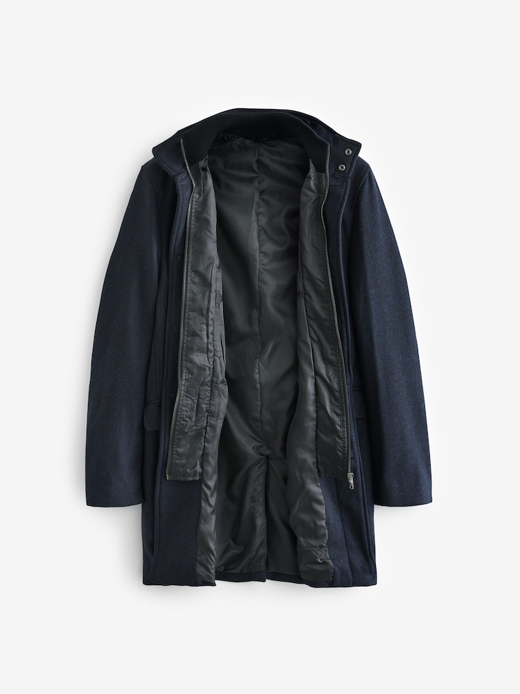 Navy Blue Wool Blend Mock Gilet Herringbone Padded Coat - Image 2 of 5