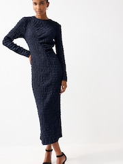 Navy Blue Long Sleeve Ruched Detail Textured Midi Dress - Image 1 of 6