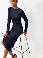 Navy Blue Long Sleeve Ruched Detail Textured Midi Dress - Image 2 of 6