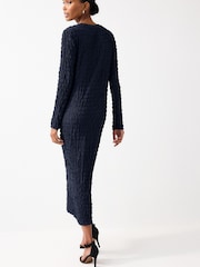 Navy Blue Long Sleeve Ruched Detail Textured Midi Dress - Image 3 of 6
