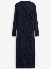 Navy Blue Long Sleeve Ruched Detail Textured Midi Dress - Image 5 of 6
