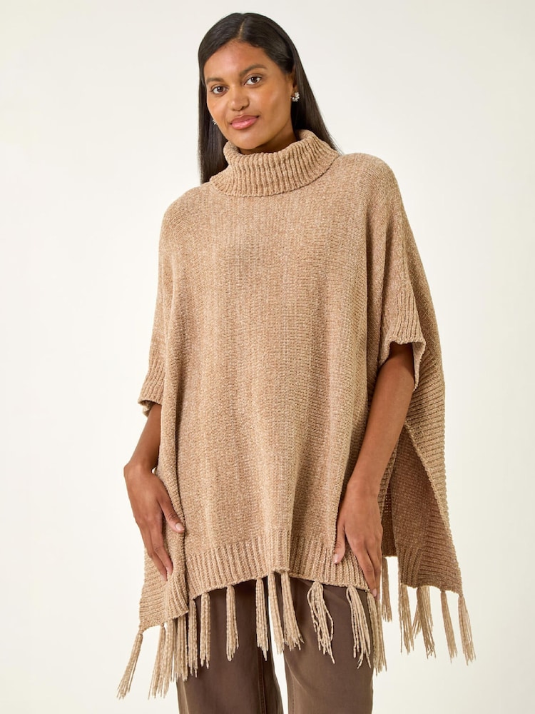 Roman Püskül Trim Knit Poncho - 4şəkildən 1 şəkil