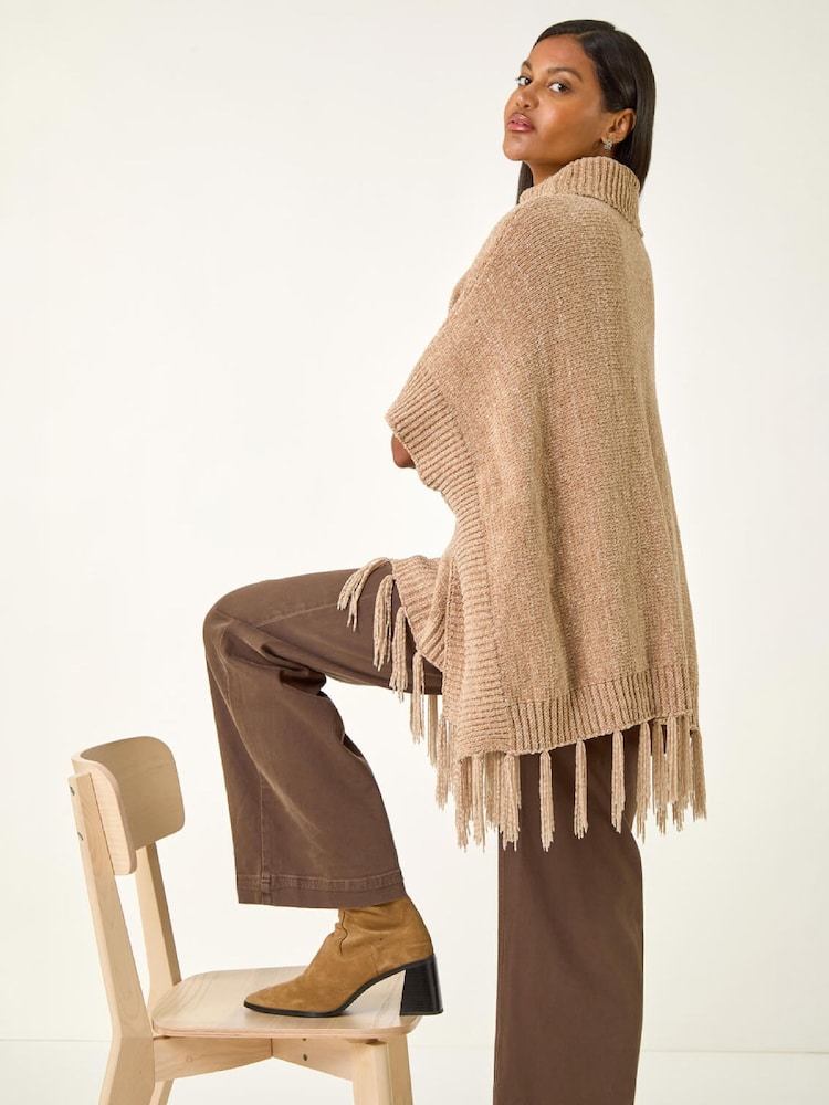 Roman Püskül Trim Knit Poncho - 4şəkildən 2 şəkil