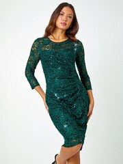 Verde - Vestido Roman de lantejoulas, renda e tecido elástico com franzido. - Imagem 2 de 4
