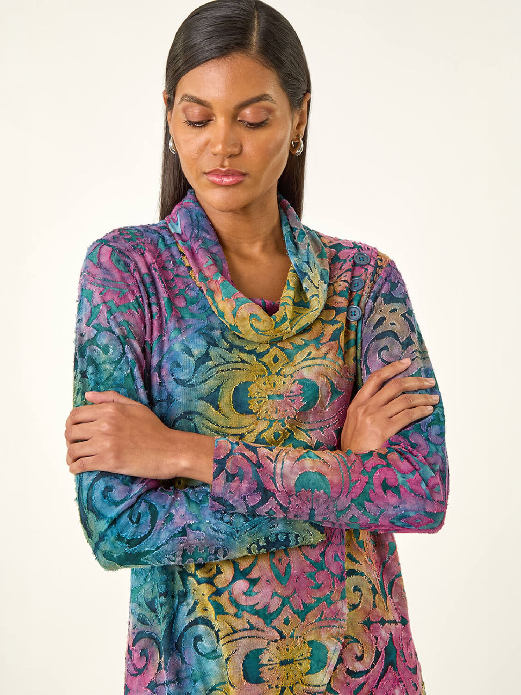 Roman Women's Textured Burnout Print Top in Blue | Size: 12 - Image 2